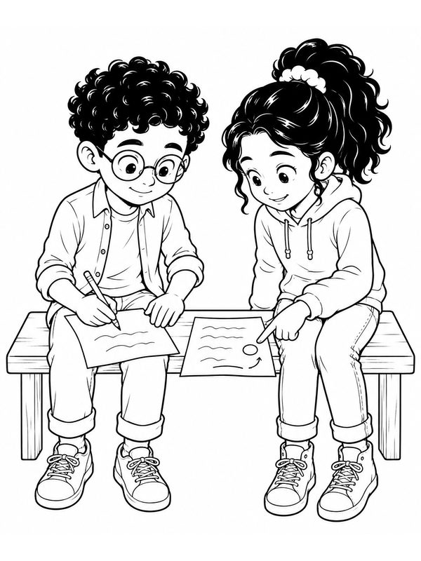Two friends on a bench working through a page together