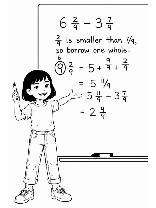 A girl smiling at the whiteboard after working through a fraction problem