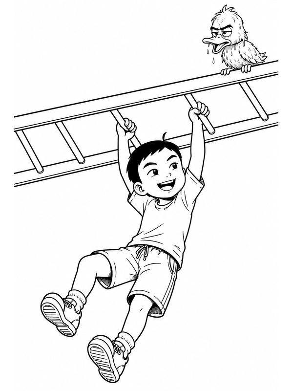 A boy swinging across the monkey bars while a grumpy bird watches