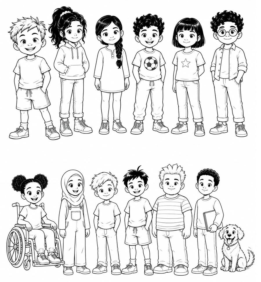The Murphy's Law for Kids: School Edition crew lined up, with Biscuit the dog
